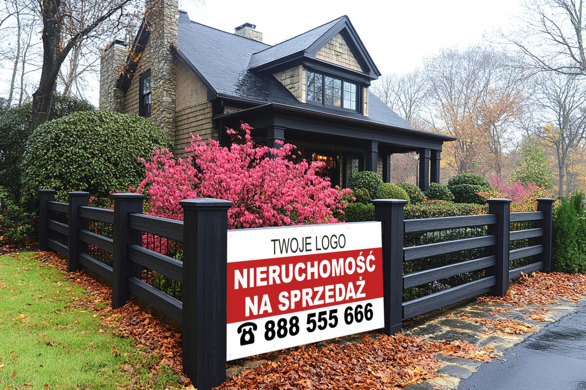 Baner reklamowy SPRZEDAM dla biur i agentów nieruchomości z logo i numerem telefonu 70x140cm - zdjęcie 1
