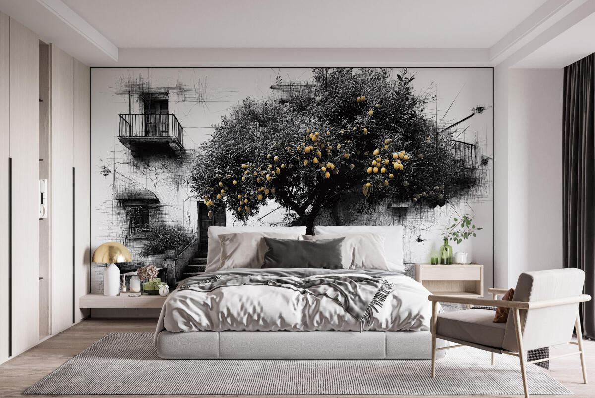 Czarno-biała- Fototapeta Drzewo Cytrynowe | Artystyczny szkic z żółtym akcentem w stylu włoskim 82214 - zdjęcie 3