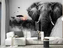 Egzotyczna Fototapeta Safari – Czarno-biały Słoń i zachód słońca na sawannie | Dekoracja ścienna w afrykańskim klimacie 82213 - miniaturka 2
