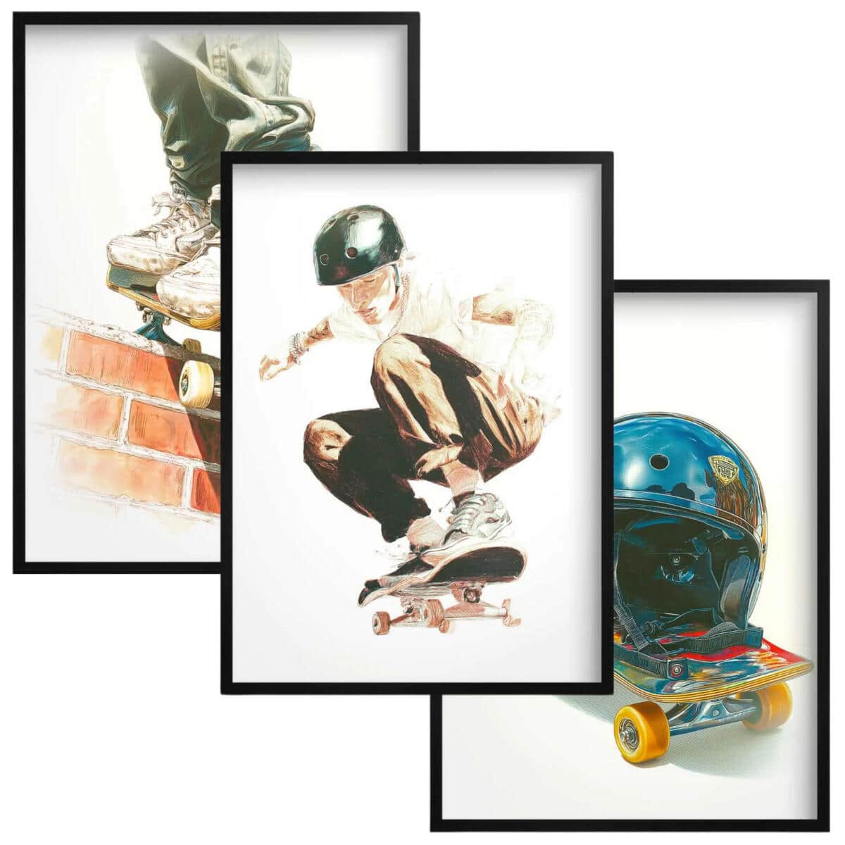 Młodzieżowe Plakaty Street Style- skateboarding | Akwarelowy Tryptyk na ścianę z motywem deskorolki 82198