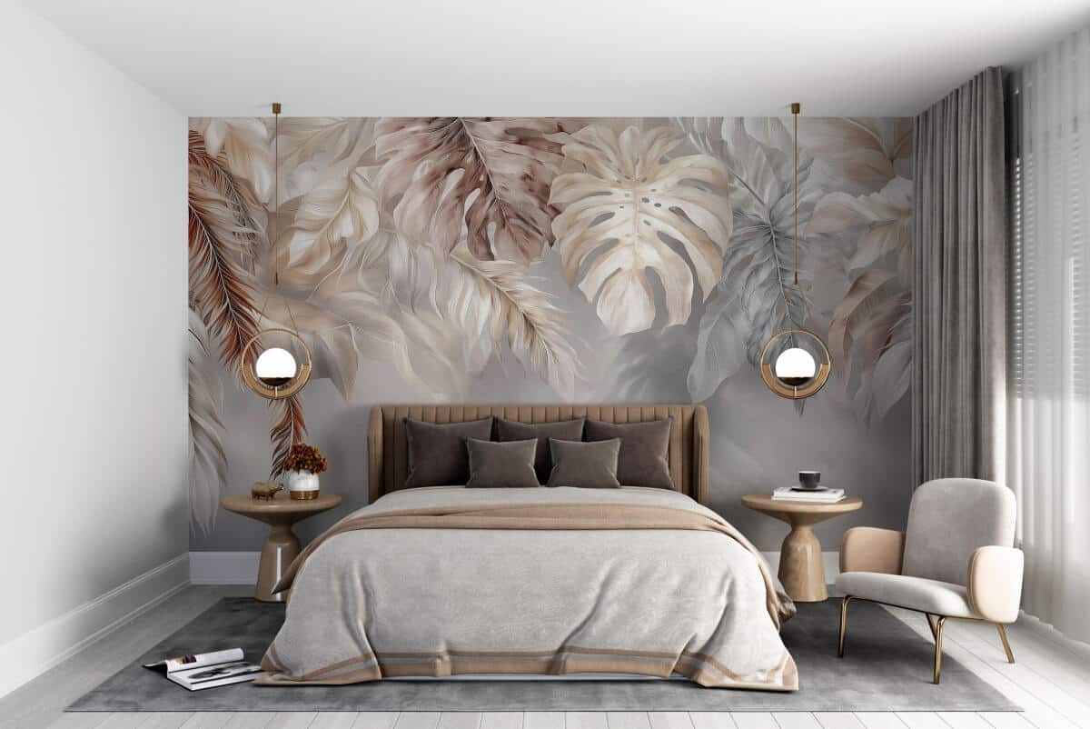 Elegancka fototapeta liście monstery | Neutralna dekoracja w odcieniach beżu i szarości | Fototapeta boho 82244 - zdjęcie 1