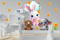 Urocze, Kolorowe Naklejki ścienne dla dzieci – Króliczek, Miś i Słonik | Bajkowy motyw do pokoju dziewczynki, niemowlaka T42174 - miniaturka 1