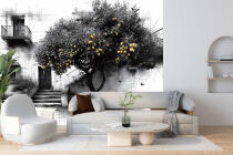 Czarno-biała- Fototapeta Drzewo Cytrynowe | Artystyczny szkic z żółtym akcentem w stylu włoskim 82214 - miniaturka 1