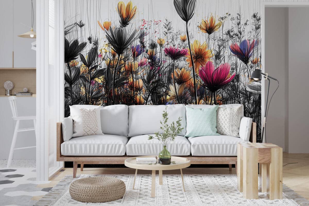 Nowoczesna Fototapeta z Polnymi Kwiatami | Czarno-Biała Tapeta z Kolorowym Akcentem | Ozdoba Ścienna do Sypialni 82216 - zdjęcie 2