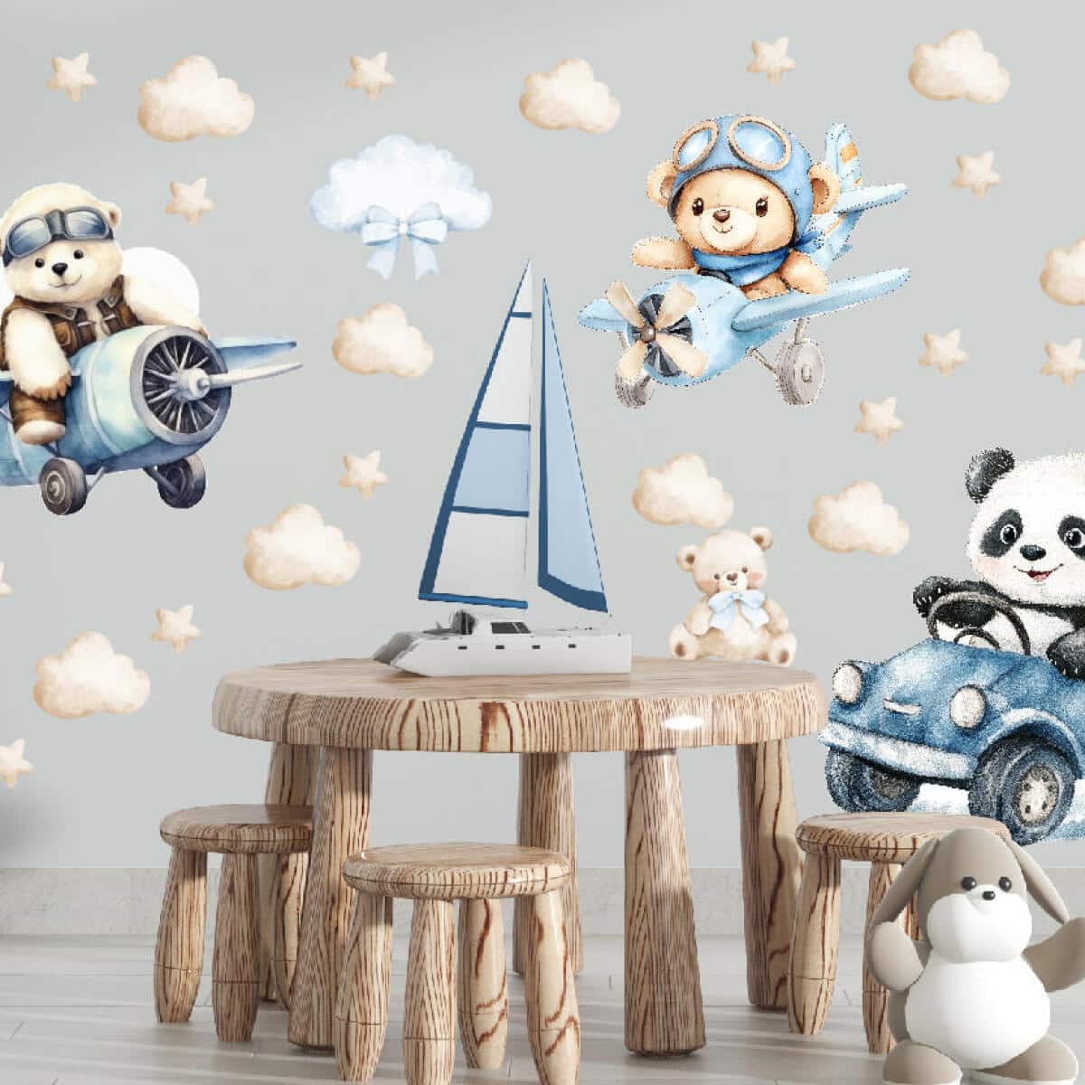Urocze, Pastelowe Naklejki na ścianę – Misie i Panda | Zwierzątka, Autka, Samoloty- dekoracja do pokoju chłopca T42173 - zdjęcie 2