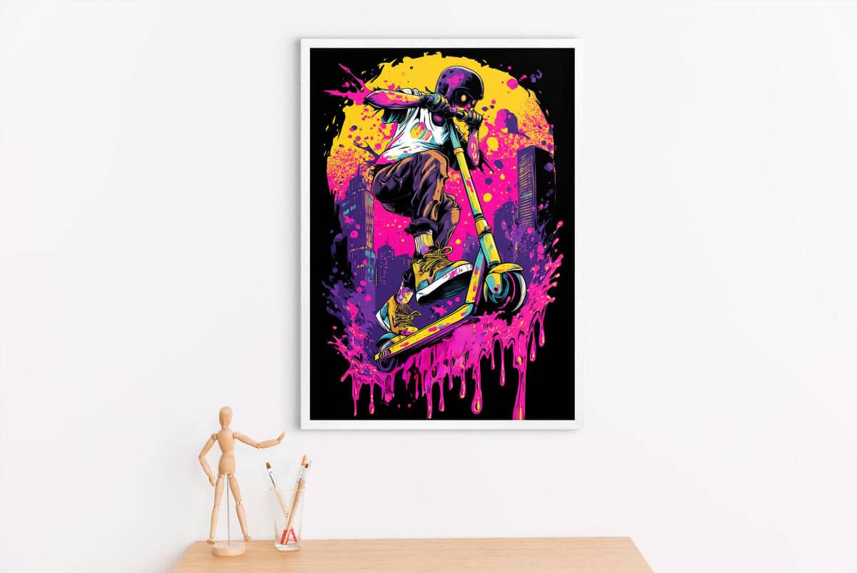 Kolorowy plakat graffiti – hulajnoga i i neonowe barwy | Dekoracja Street Art do pokoju chłopca, nastolatka 82192 - zdjęcie 3