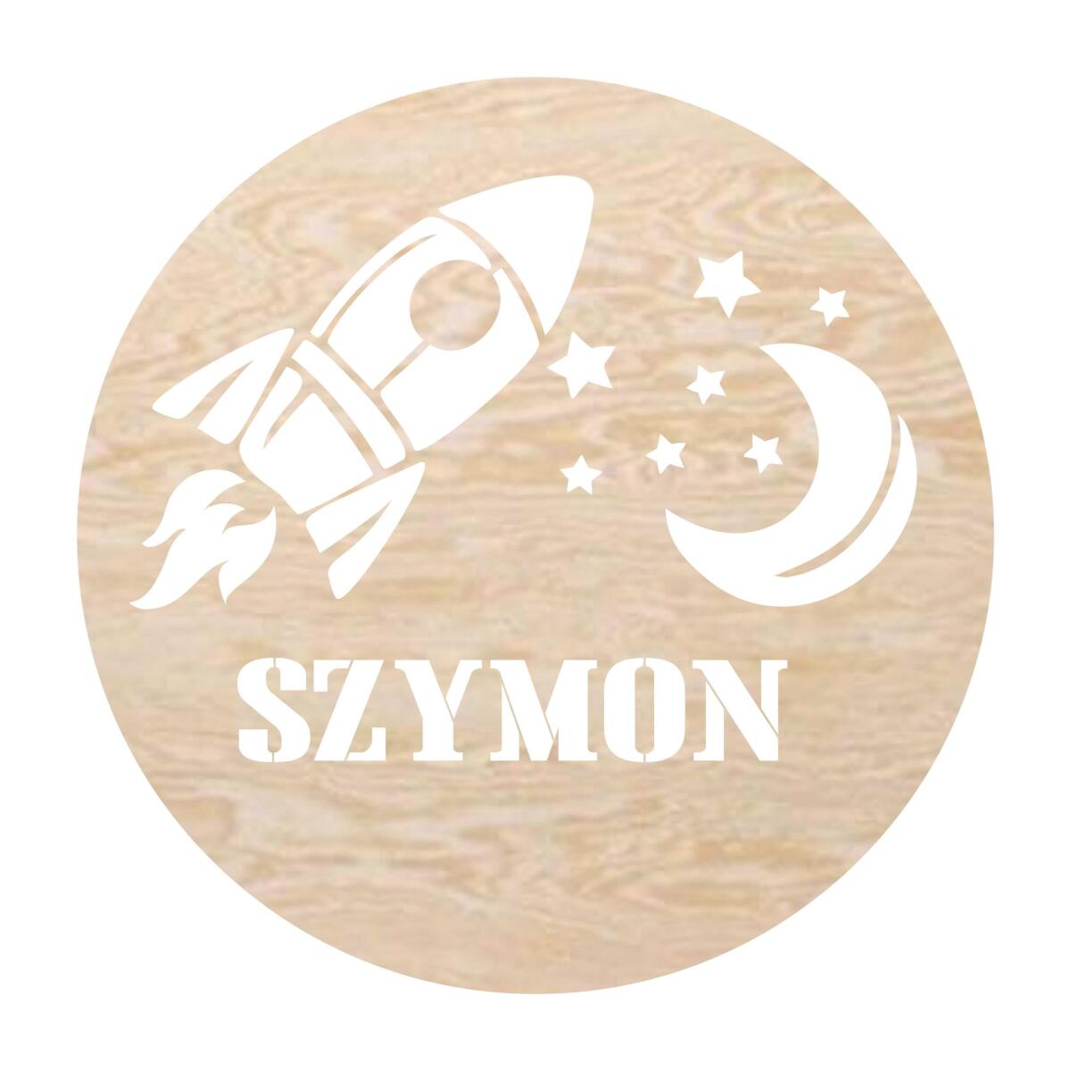 Okrągła Lampka Nocna na ścianę do pokoju chłopca | Drewniana Lampka LED z imieniem dziecka- Rakieta Kosmiczna 82270