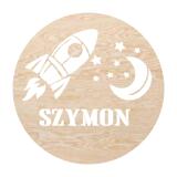 Okrągła Lampka Nocna na ścianę do pokoju chłopca | Drewniana Lampka LED z imieniem dziecka- Rakieta Kosmiczna 82270 - miniaturka 1