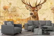 Artystyczna Fototapeta do salonu – Jeleń wśród kwiatów – akwarela, ornament, złote przetarcia 51038 - miniaturka 2