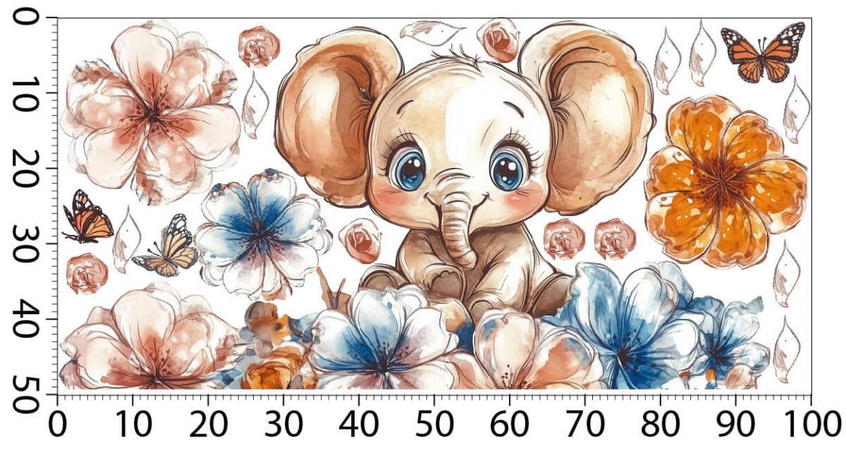 Słonik wśród kwiatów i motyli– Naklejka ścienna dla dzieci | Pastelowa dekoracja do pokoju dziewczynki T42169 - zdjęcie 5