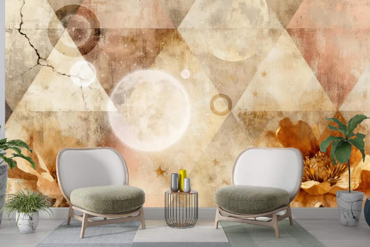 Geometryczna Fototapeta Boho – Trójkąty, Księżyc i Kwiaty | Beżowa Dekoracja Ścienna z efektem postarzenia 51040 - zdjęcie 2