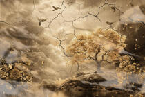 Elegancka Fototapeta Złote Drzewo | Artystyczny Krajobraz w Stylu Vintage z efektem pękniętego muru 51036 - miniaturka 3