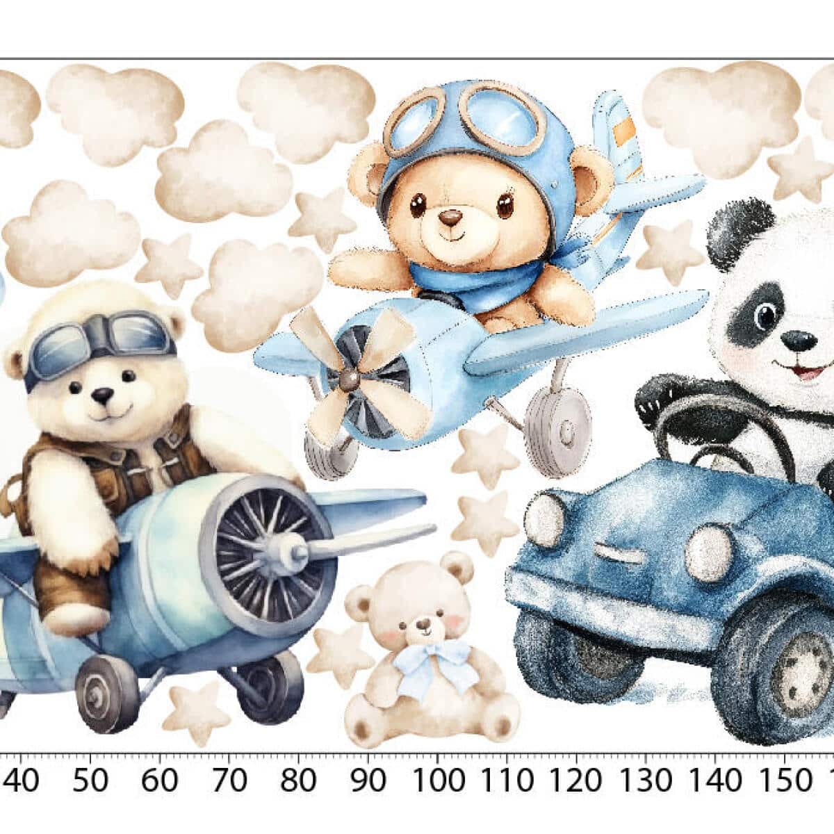 Urocze, Pastelowe Naklejki na ścianę – Misie i Panda | Zwierzątka, Autka, Samoloty- dekoracja do pokoju chłopca T42173 - zdjęcie 3