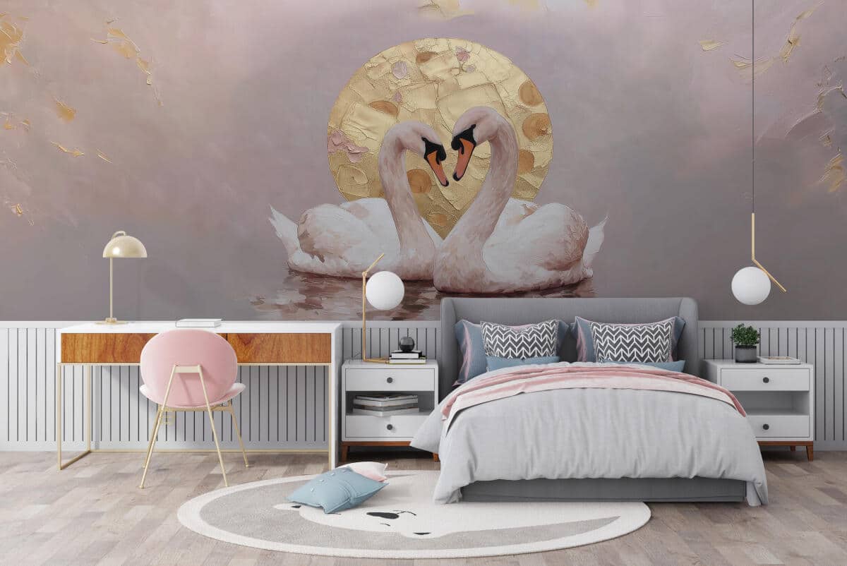Różowa Fototapeta do sypialni- Łabędzie | Romantyczna Tapeta Glamour ze Złotym Akcentem 82219 - zdjęcie 1