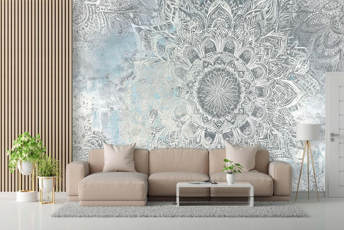 Fototapeta do salonu Elegancka Mandala- Orientalny Wzór w Odcieniach Szarości i Błękitu 82145 - zdjęcie 2