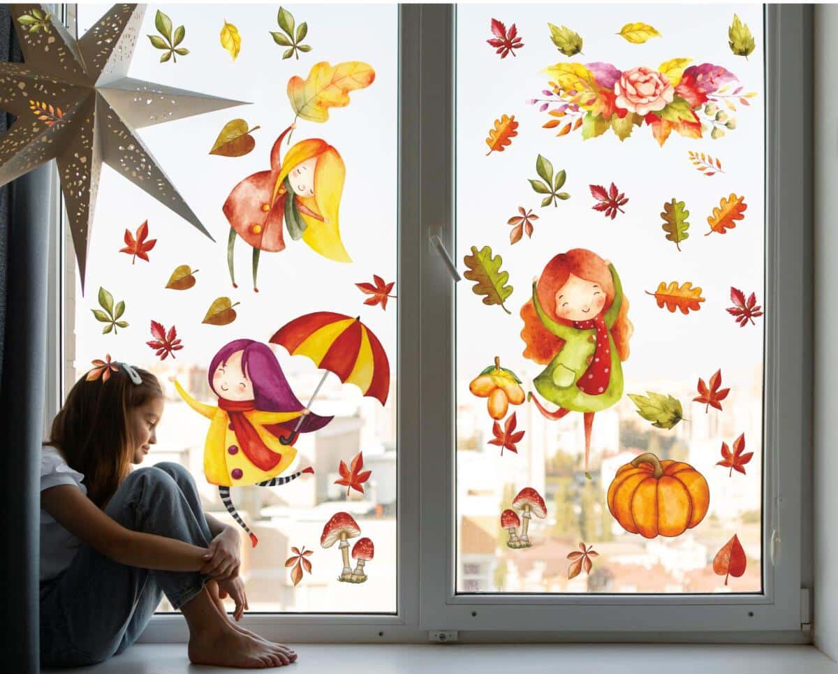 Jesienne dekoracje na szybę- akwarelowe liście | Dwustronne Naklejki na Okno do pokoju dziecka, przedszkola 68025 - zdjęcie 2