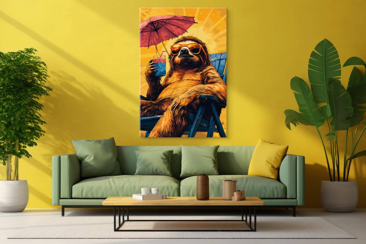 Kolorowy Obraz na płótnie- Leniwiec na wakacjach | Zabawna dekoracja do pokoju młodzieżowego O94127 - zdjęcie 3