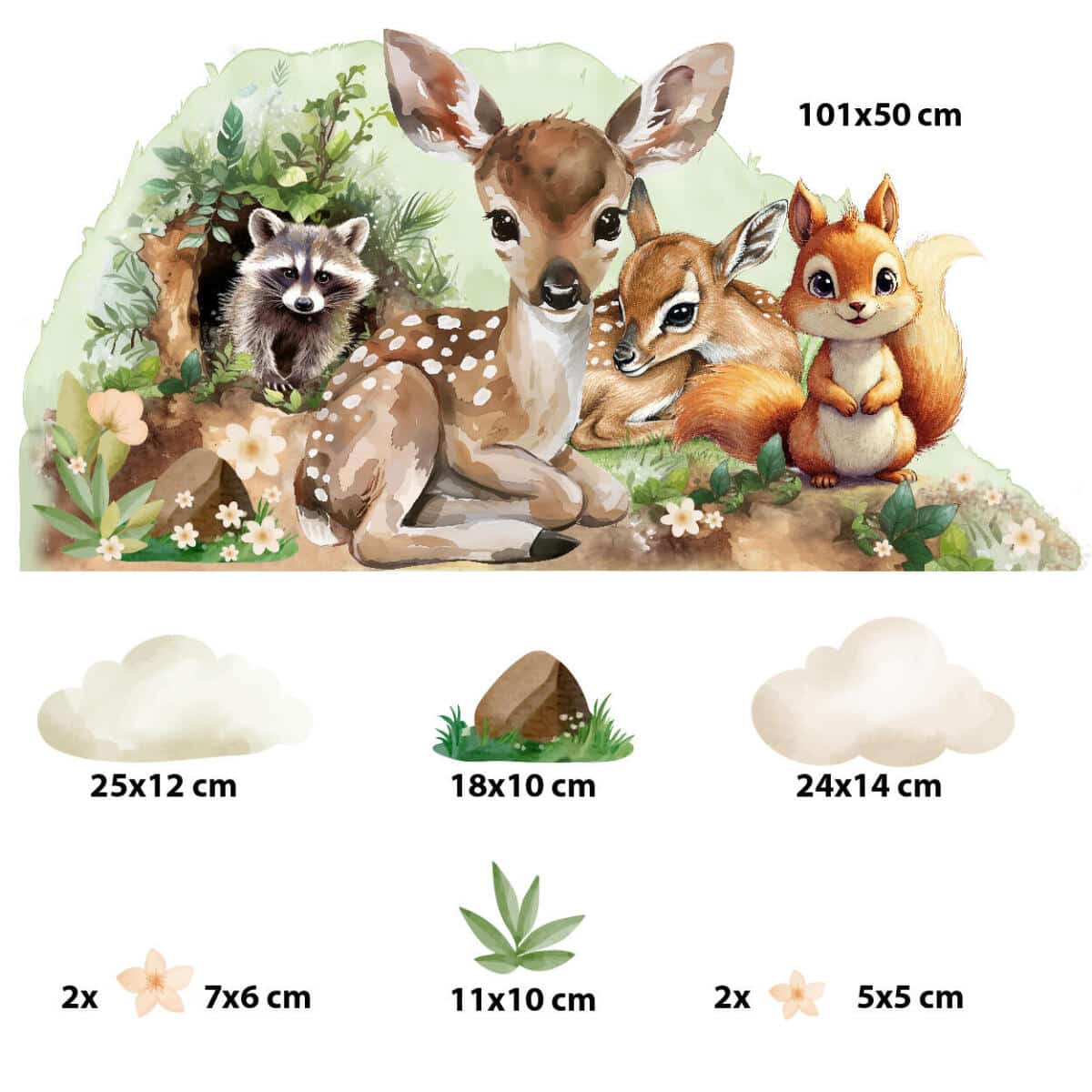 Naklejki na Ścianę dla Dzieci- Leśne Zwierzątka | Jelonek, Wiewiórka i Szop | Akwarelowe Obrazki do pokoju niemowlaka T42167 - zdjęcie 4