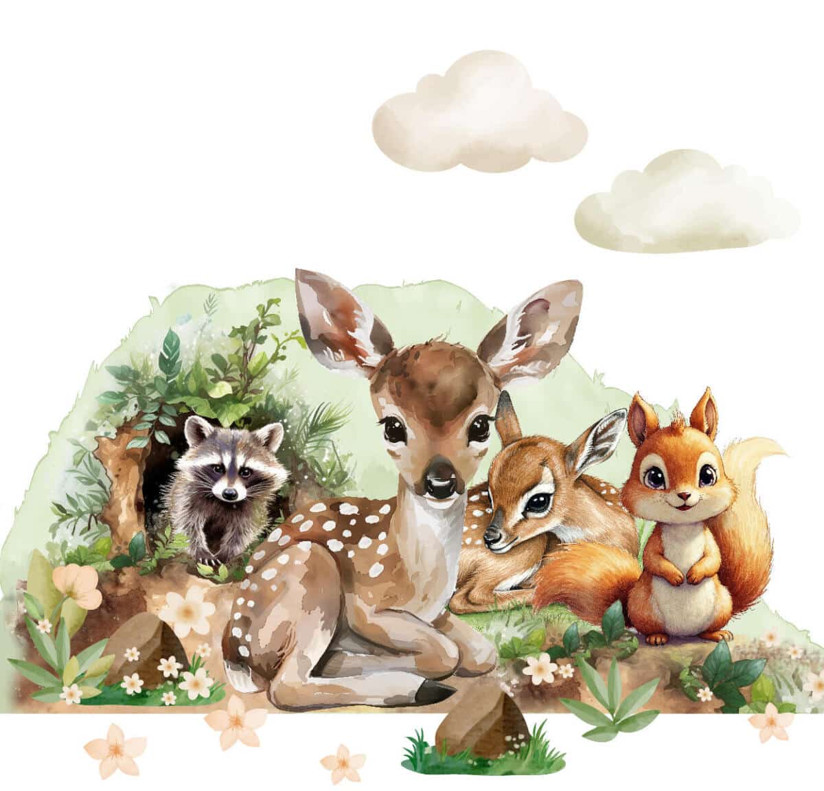 Naklejki na Ścianę dla Dzieci- Leśne Zwierzątka | Jelonek, Wiewiórka i Szop | Akwarelowe Obrazki do pokoju niemowlaka T42167 - zdjęcie 3