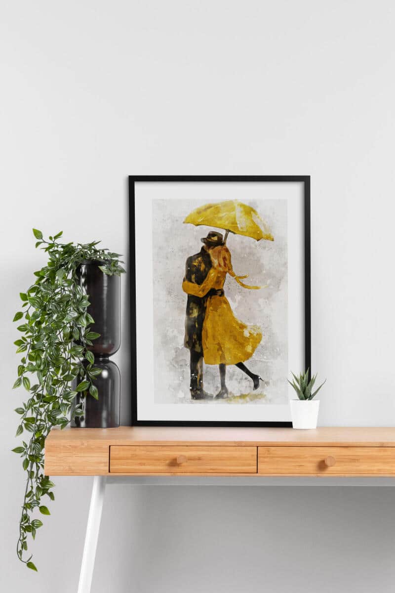 Plakat do sypialni- Para pod Żółtym Parasolem | Romantyczna Dekoracja Ścienna | Obraz Akwarela 82310 - zdjęcie 3