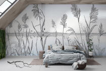 Fototapeta z krajobrazem natury- Rysunek traw i jeziora | Minimalistyczny pejzaż w stylu skandynawskim 82206 - miniaturka 1