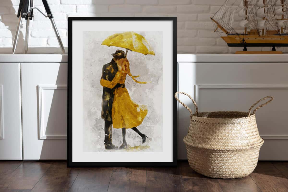 Plakat do sypialni- Para pod Żółtym Parasolem | Romantyczna Dekoracja Ścienna | Obraz Akwarela 82310 - zdjęcie 2