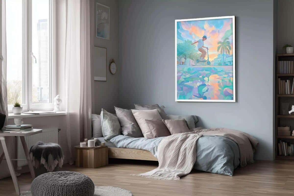 Młodzieżowy Plakat Urban Art– hulajnoga, miasto i pastelowe barwy | Kolorowa dekoracja do pokoju chłopca 82191 - zdjęcie 3