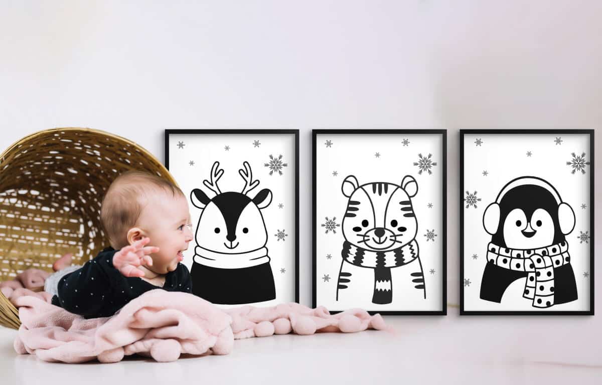 Obrazki Kontrastowe dla niemowląt | Czarno-białe Plakaty dla dzieci- zimowe zwierzątka 82158 - zdjęcie 3