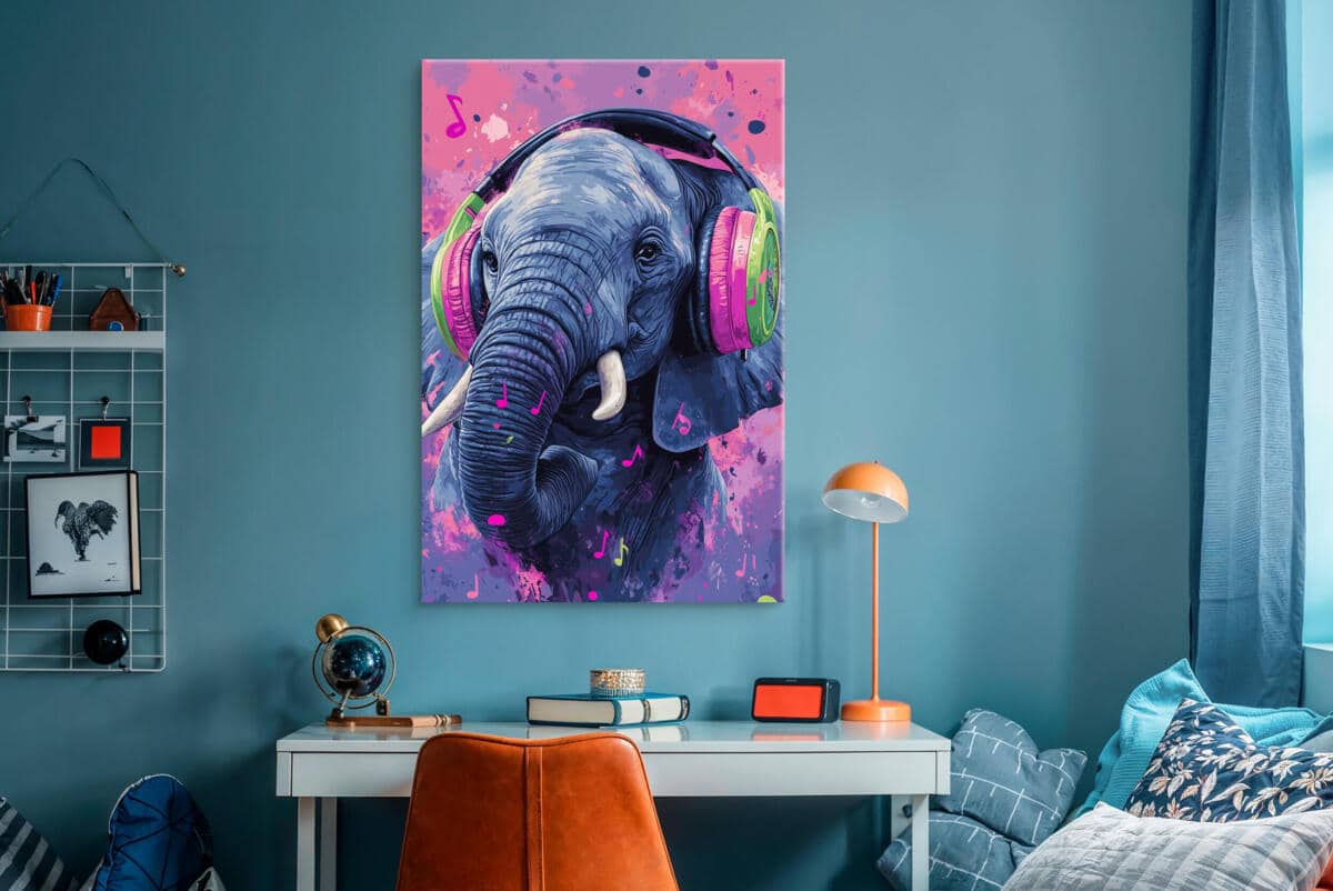 Designerski obraz na płótnie- Kolorowy słoń w słuchawkach | Dekoracja do pokoju młodzieżowego O94125 - zdjęcie 5