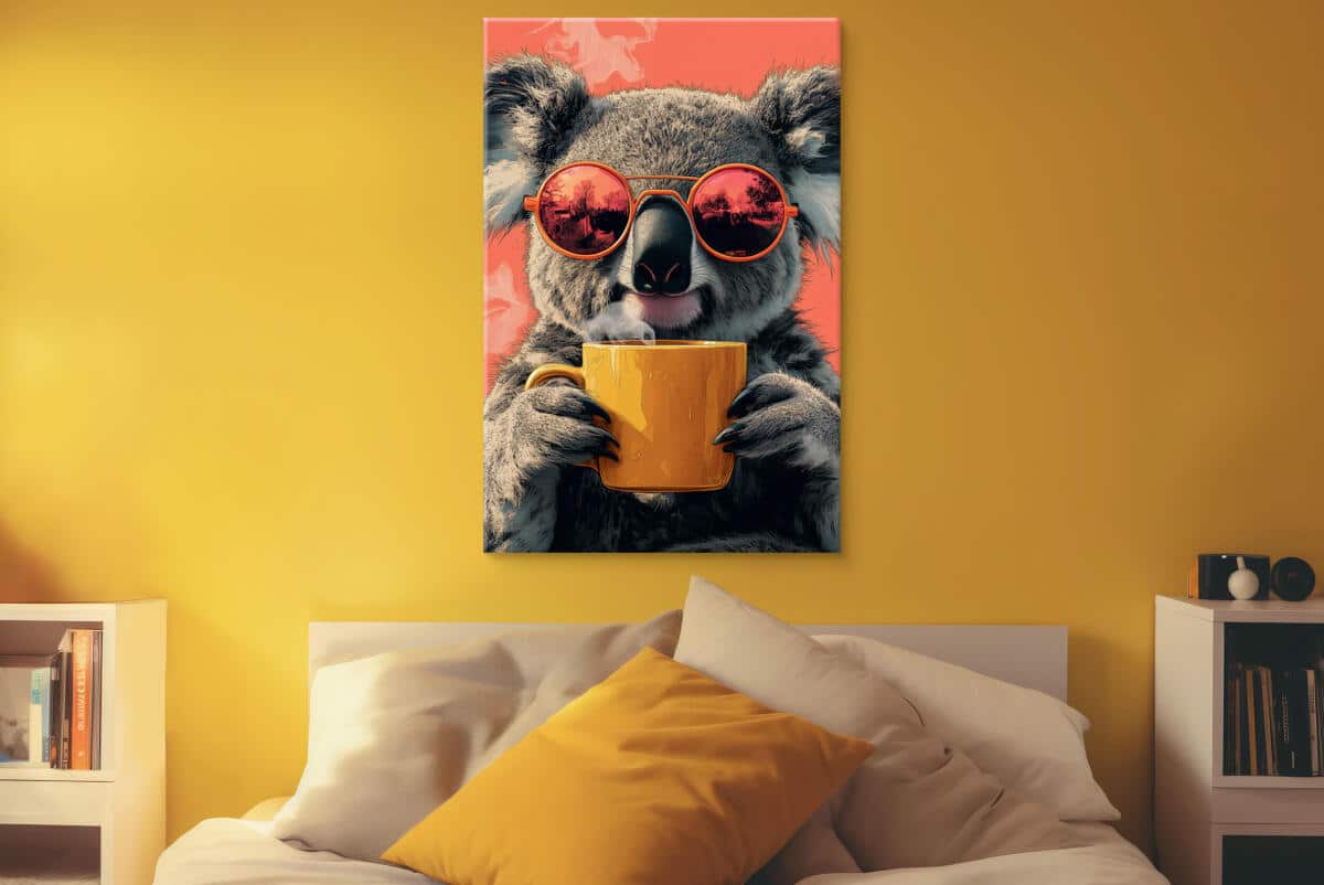 Śmieszny obraz na płótnie – Koala z kubkiem kawy | Dekoracja ścienna do pokoju nastolatka, kuchni, kawiarni O94118 - zdjęcie 6