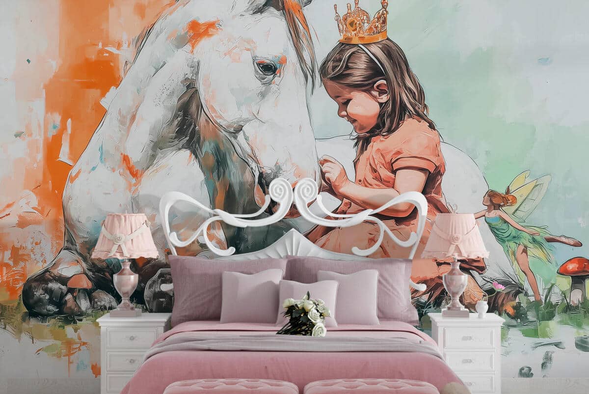 Akwarelowa Fototapeta- Księżniczka i Koń | Bajkowa dekoracja na ścianę do pokoju dziewczynki 82228 - zdjęcie 3