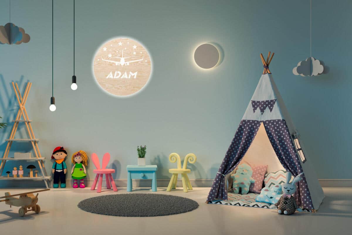 Drewniana Lampka Nocna z samolotem i gwiazdkami | Okrągła Lampka LED z imieniem dziecka 82267 - zdjęcie 4