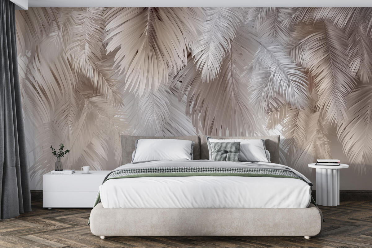 Elegancka Fototapeta z Motywem Liści Palmowych | Beżowo-Kremowa Dekoracja do wnętrz Boho 82246 - zdjęcie 3