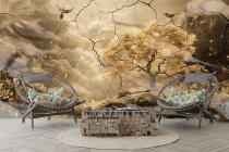 Elegancka Fototapeta Złote Drzewo | Artystyczny Krajobraz w Stylu Vintage z efektem pękniętego muru 51036 - miniaturka 2