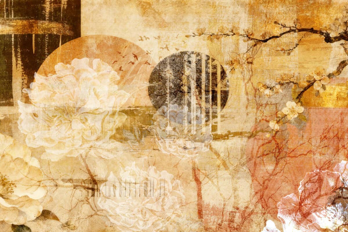 Orientalna Fototapeta Zen- Peonie, Słońce i Ptaki | Dekoracja inspirowana sztuką Dalekiego Wschodu 51039 - zdjęcie 3