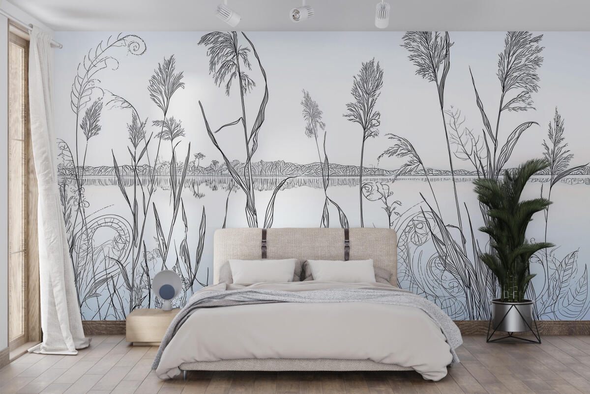 Fototapeta z krajobrazem natury- Rysunek traw i jeziora | Minimalistyczny pejzaż w stylu skandynawskim 82206 - zdjęcie 2