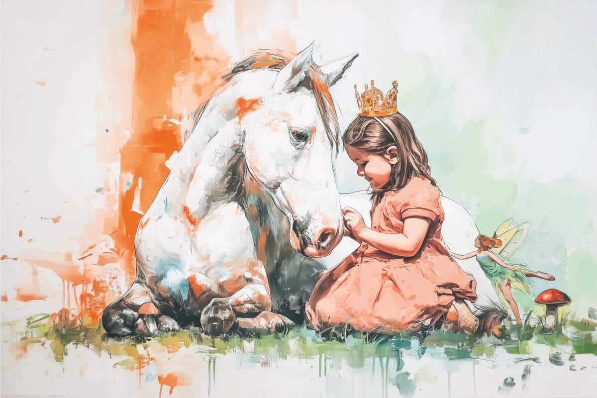 Akwarelowa Fototapeta- Księżniczka i Koń | Bajkowa dekoracja na ścianę do pokoju dziewczynki 82228 - zdjęcie 4