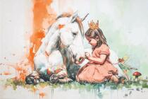 Akwarelowa Fototapeta- Księżniczka i Koń | Bajkowa dekoracja na ścianę do pokoju dziewczynki 82228 - miniaturka 4