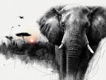 Egzotyczna Fototapeta Safari – Czarno-biały Słoń i zachód słońca na sawannie | Dekoracja ścienna w afrykańskim klimacie 82213 - miniaturka 4