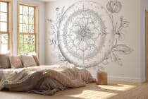 Elegancka Fototapeta Line Art- Szkicowana Mandala i Kwiaty | Czarno-biała dekoracja na ścianę w stylu boho 82209 - miniaturka 2
