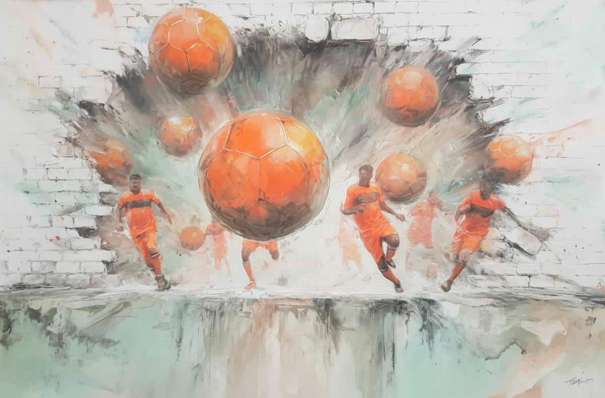 Fototapeta 3D Piłka Nożna – Piłkarze i Pomarańczowe Piłki | Sportowa Dekoracja do Pokoju Chłopca 82242 - zdjęcie 4