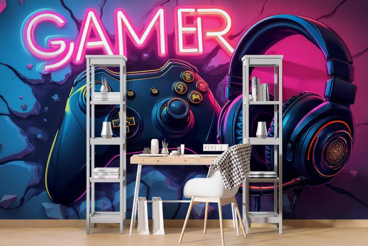 Młodzieżowa Fototapeta z Neonowym Napisem GAMER | Tapeta 3D na ścianę do pokoju chłopca, gracza 82168