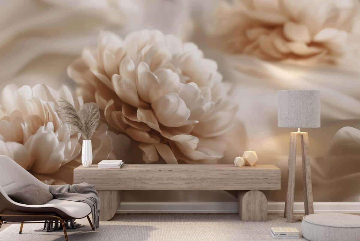 Elegancka Fototapeta z Kwiatami | Beżowe Peonie 3D | Dekoracja Ścienna w Stylu Glamour 82101 - zdjęcie 2