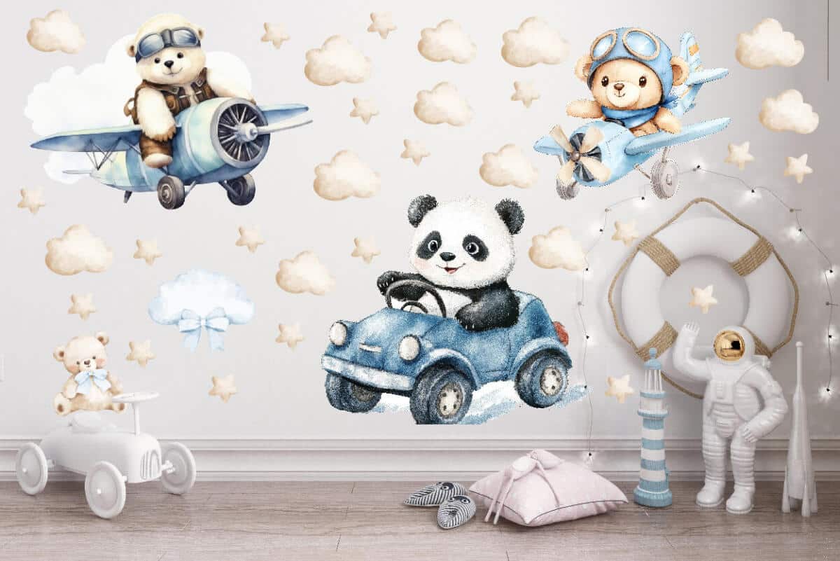 Urocze, Pastelowe Naklejki na ścianę – Misie i Panda | Zwierzątka, Autka, Samoloty- dekoracja do pokoju chłopca T42173