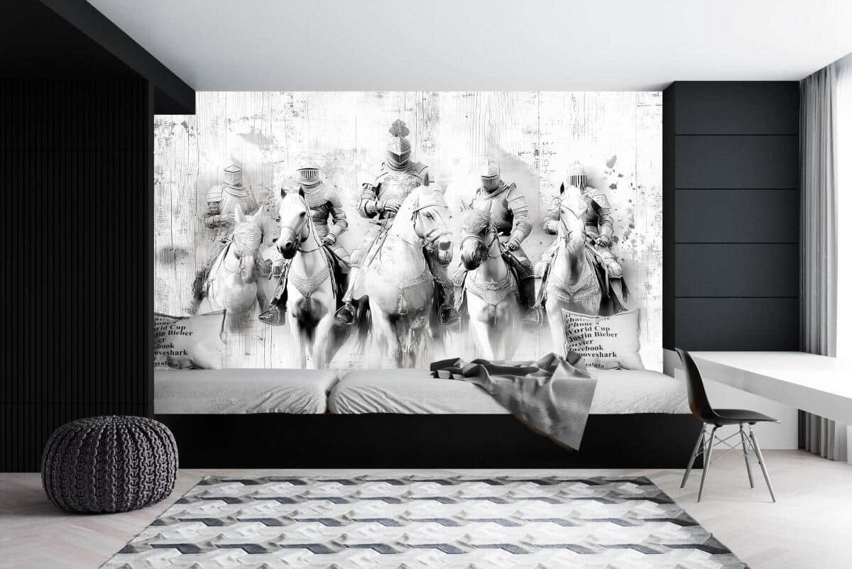 Czarno-biała Fototapeta dla gracza- Rycerze w zbrojach | Młodzieżowa Tapeta na ścianę szkic, motyw fantasy 82312 - zdjęcie 3