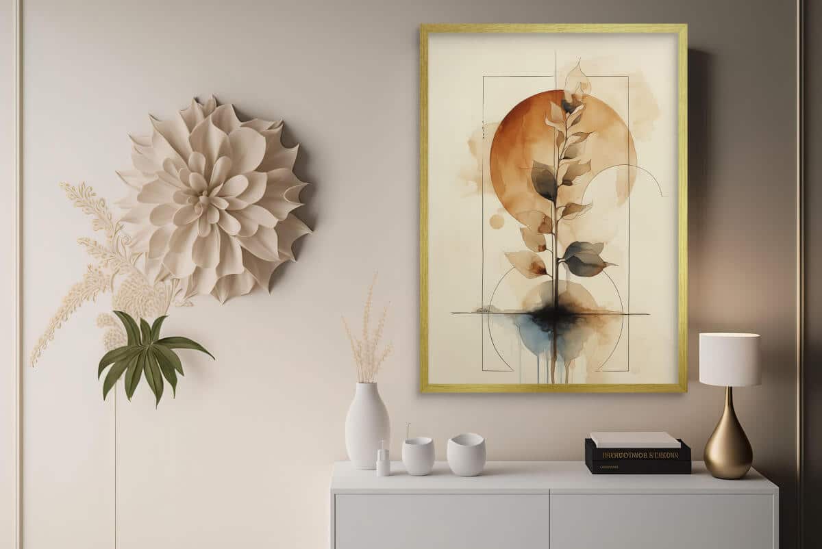 Subtelny Plakat Zen- akwarela i geometria | Minimalistyczny Obraz botaniczny w odcieniach brązu i beżu 82204 - zdjęcie 3