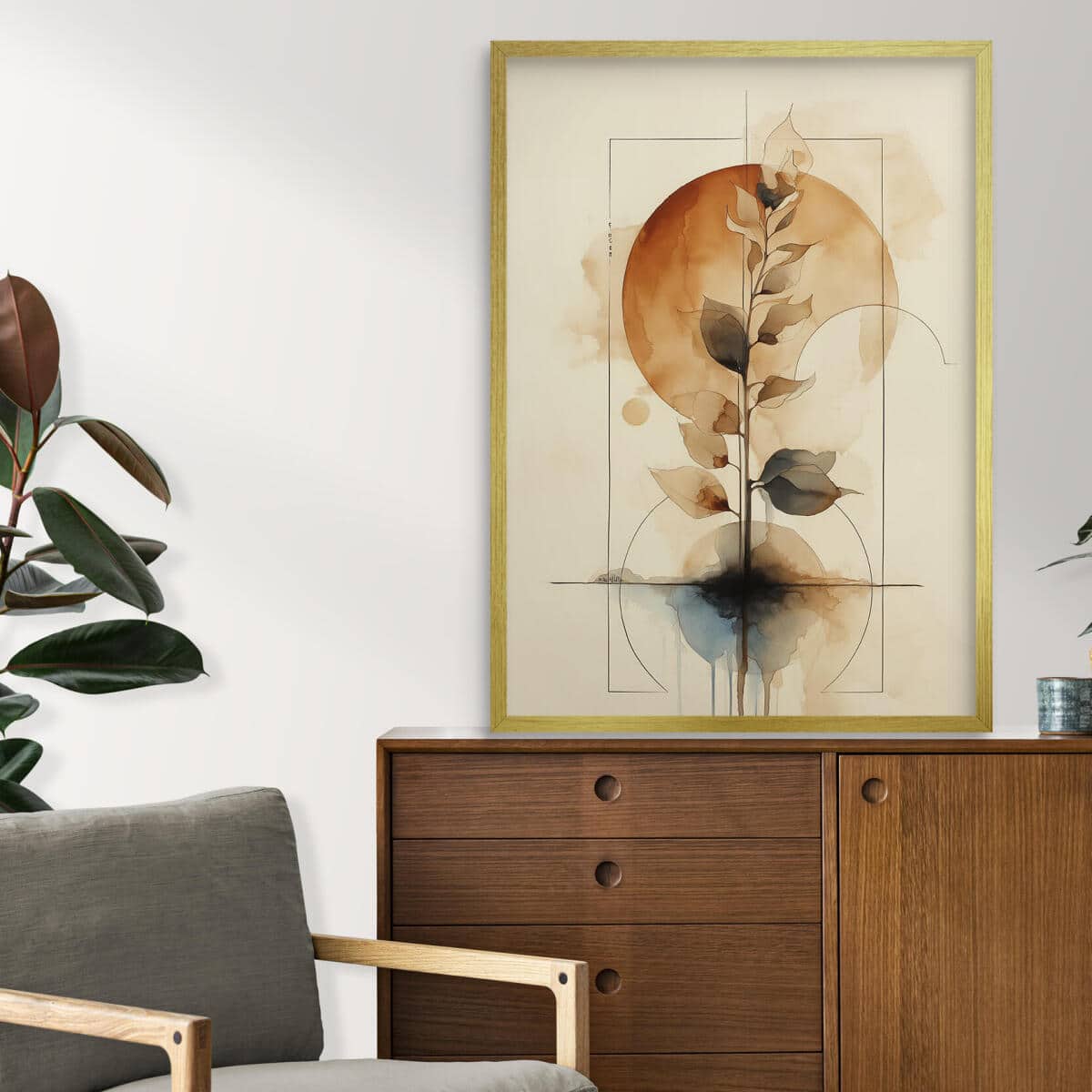 Subtelny Plakat Zen- akwarela i geometria | Minimalistyczny Obraz botaniczny w odcieniach brązu i beżu 82204 - zdjęcie 4