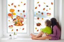 Jesienne Naklejki na Szybę – Liście, Jeż i Dzieci | Kolorowe Dekoracje na okno do Przedszkola, żłobka i Pokoju Dziecka 68023 - miniaturka 2
