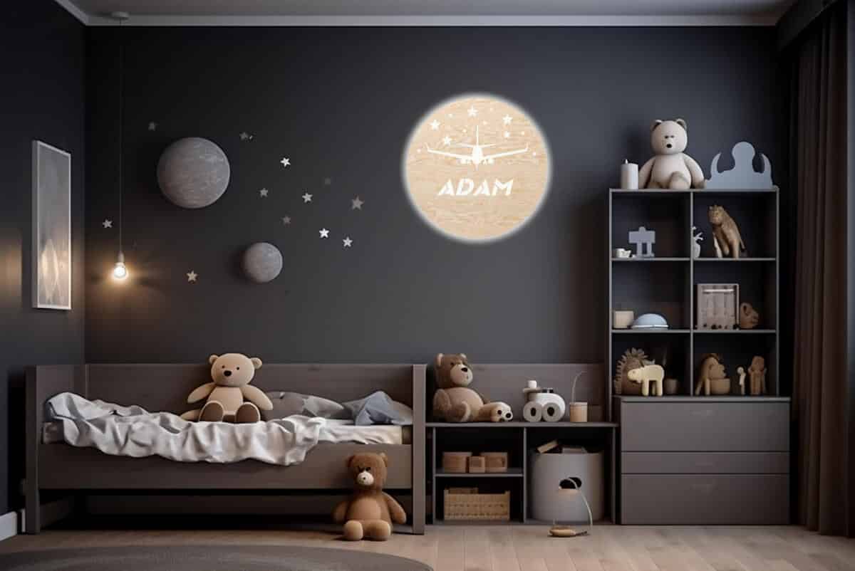 Drewniana Lampka Nocna z samolotem i gwiazdkami | Okrągła Lampka LED z imieniem dziecka 82267 - zdjęcie 2