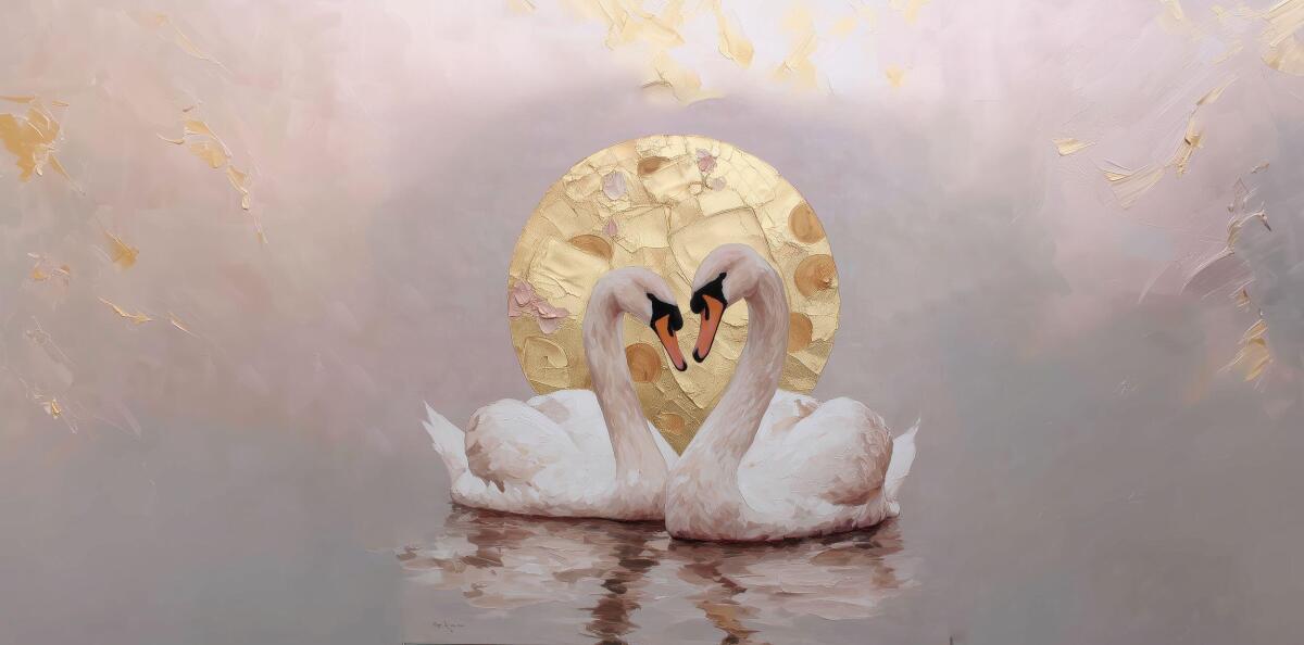 Różowa Fototapeta do sypialni- Łabędzie | Romantyczna Tapeta Glamour ze Złotym Akcentem 82219 - zdjęcie 5